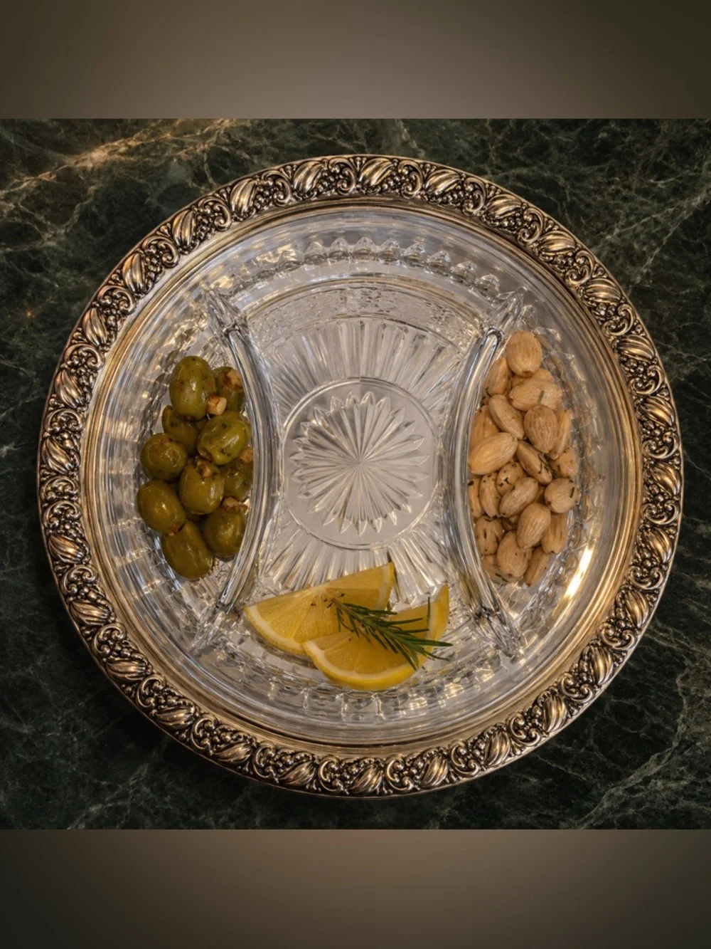 Webster Sterling Silver & Crystal Divided Serving Tray | Thick Sterling Rim